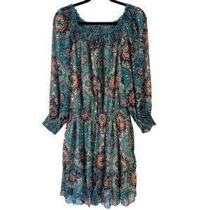 Xhilaration Long Sleeve Paisley Dress Smocked Neckline Ruffled Hem Size XL NEW